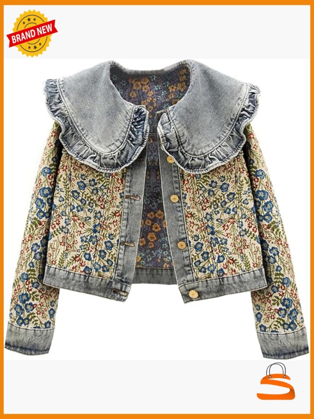 Peter Pan Collar Jacquard Denim Jacket Long Sleeve Button Up - Picture 1 of 6